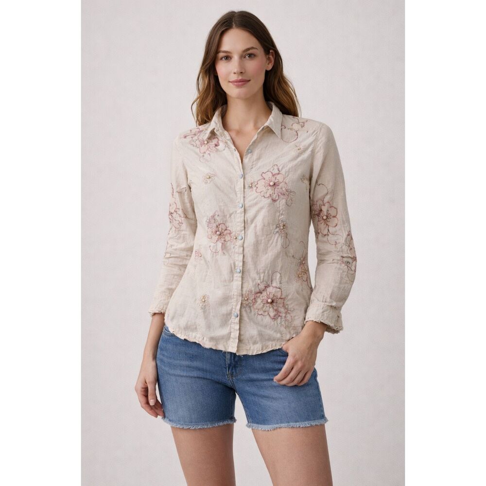 Available Floral Embroidered Cotton Blouse Womens L Boho Button Shirt